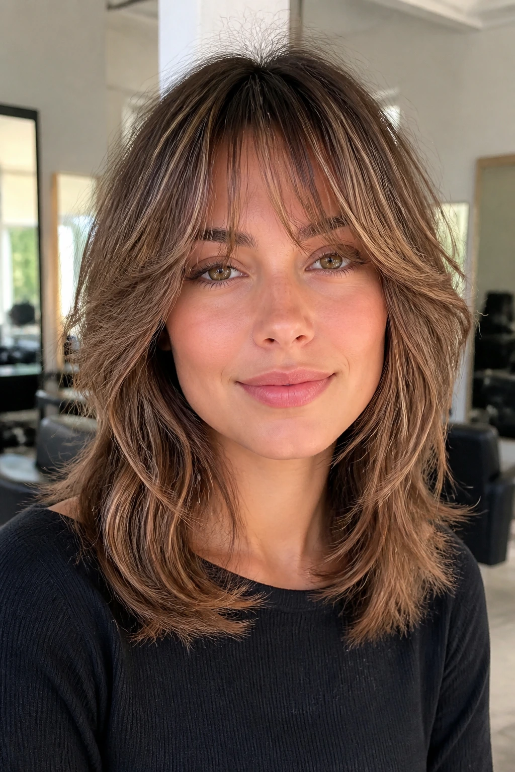 Close-up of a real woman with feathered fringe and layered mid-length hair
