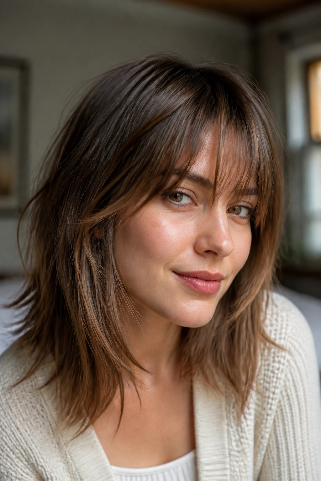 Close-up of a real woman with feathered fringe and piecey ends