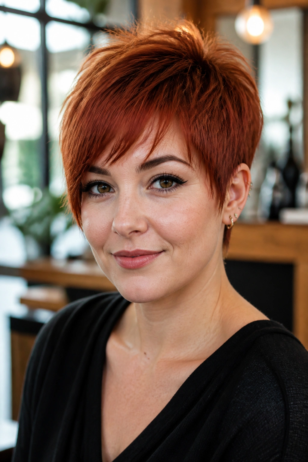 Portrait of a real woman with a feathered fringe red pixie in a stylish salon