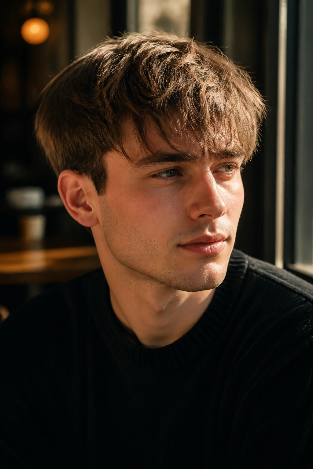 Close-up of a man with feathered fringe across the forehead