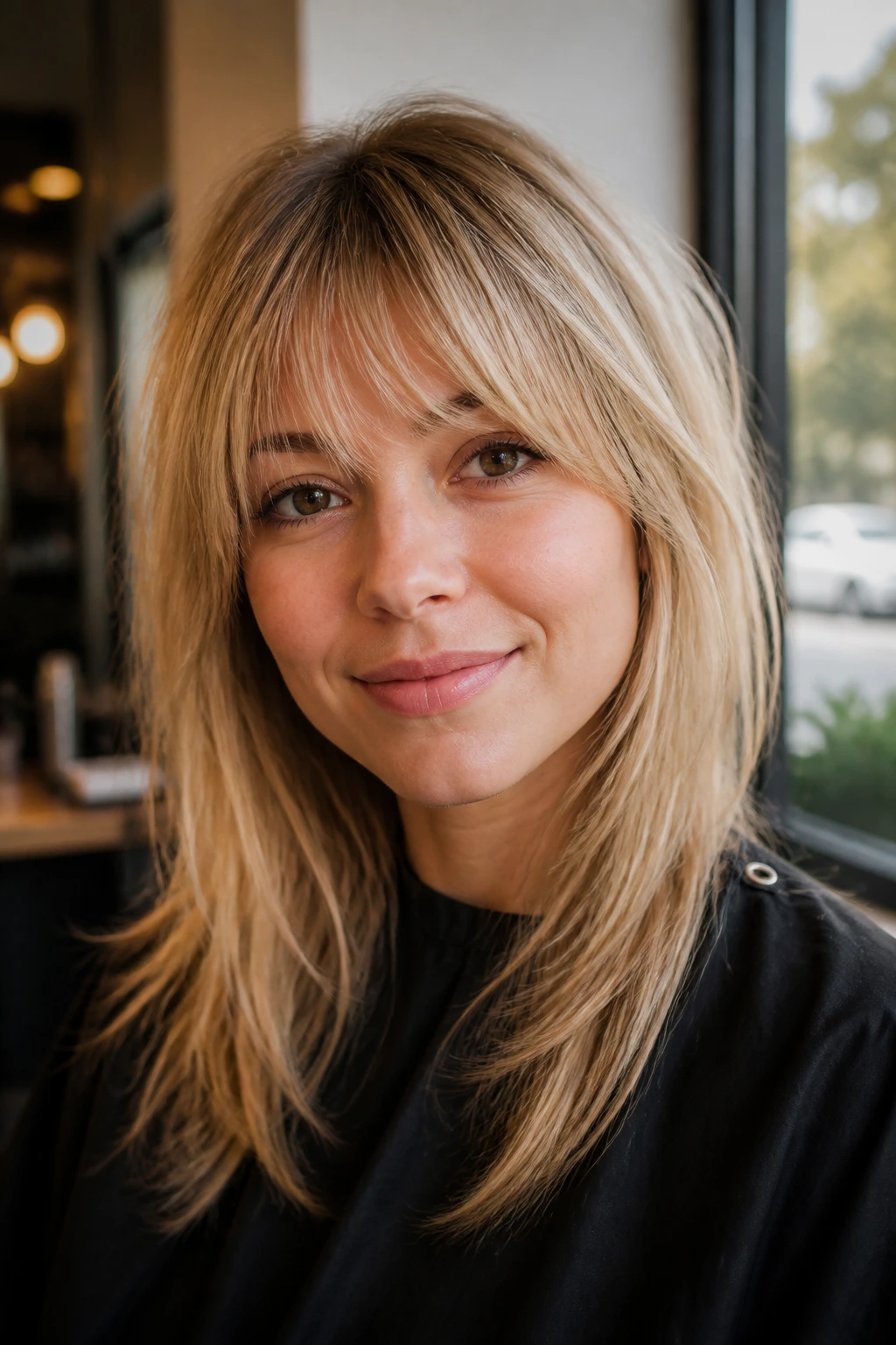 Close-up of a real woman with razor-cut feathered fringe in soft window light
