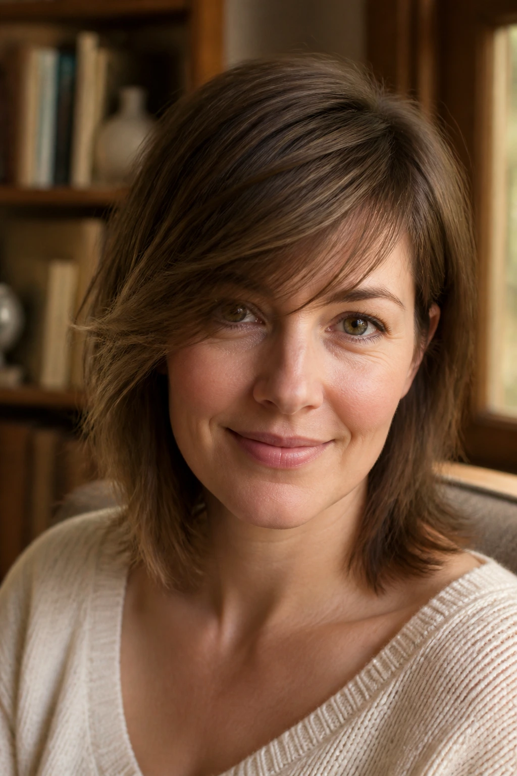 Close-up of a woman with a diagonal feathered fringe in side lighting