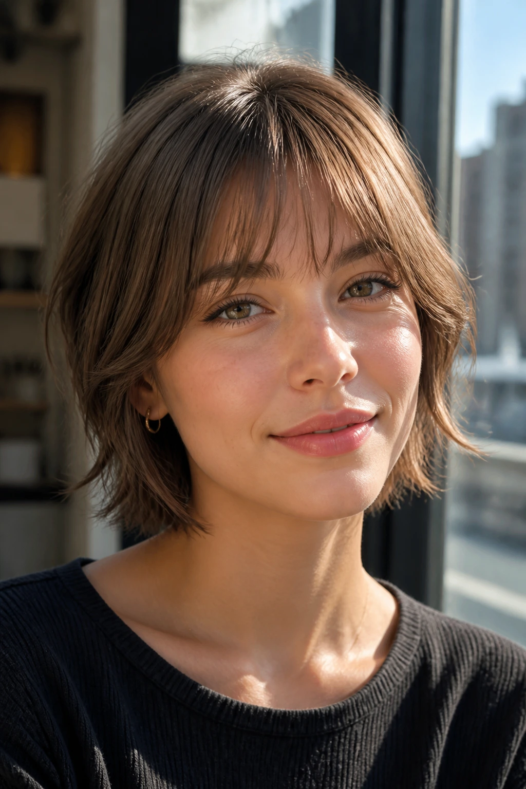 Close-up portrait of a real woman with feathered fringe curving toward the temples in a cafe.