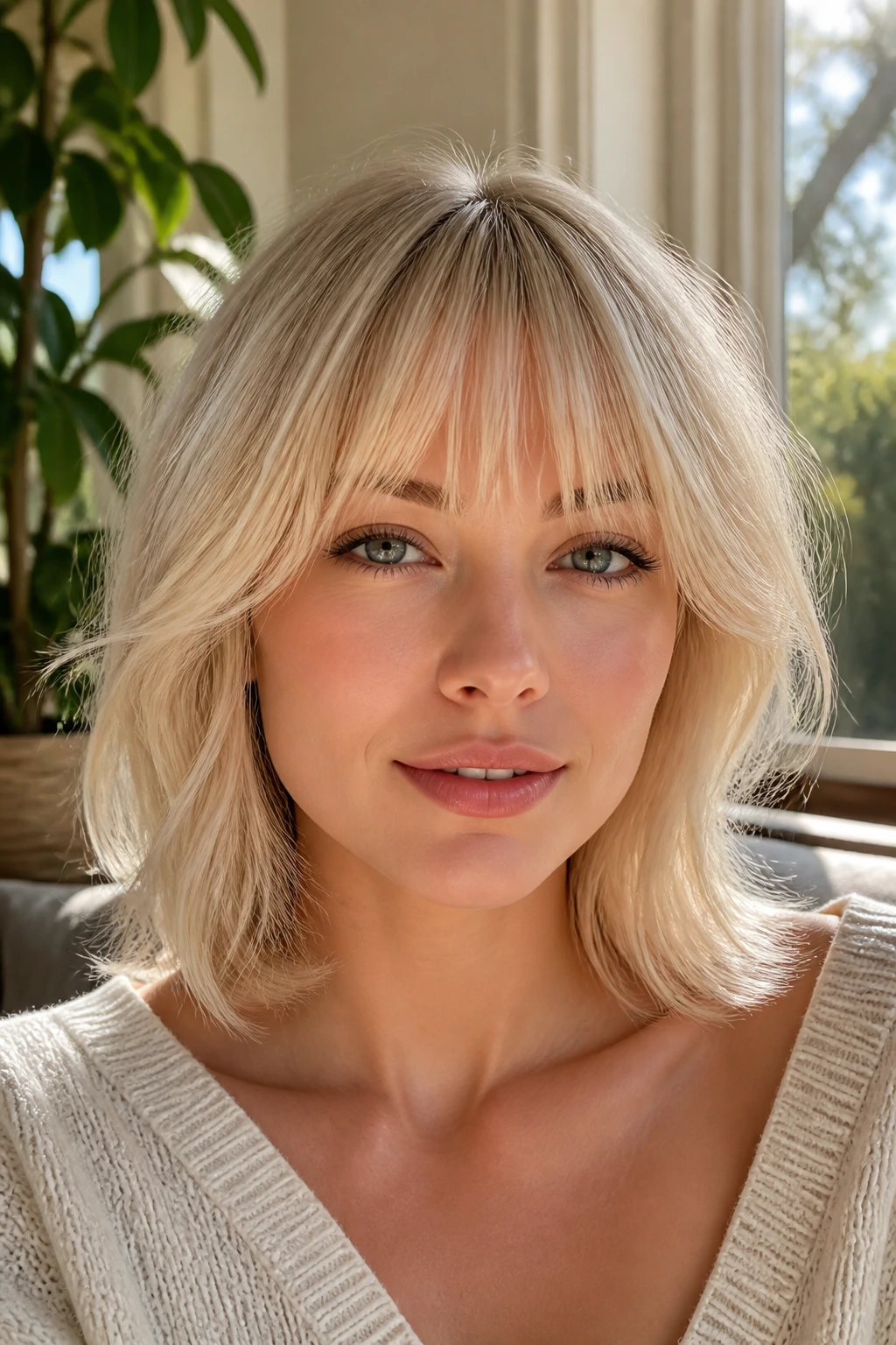 Portrait of a real person with a feathered full fringe in vanilla blonde.