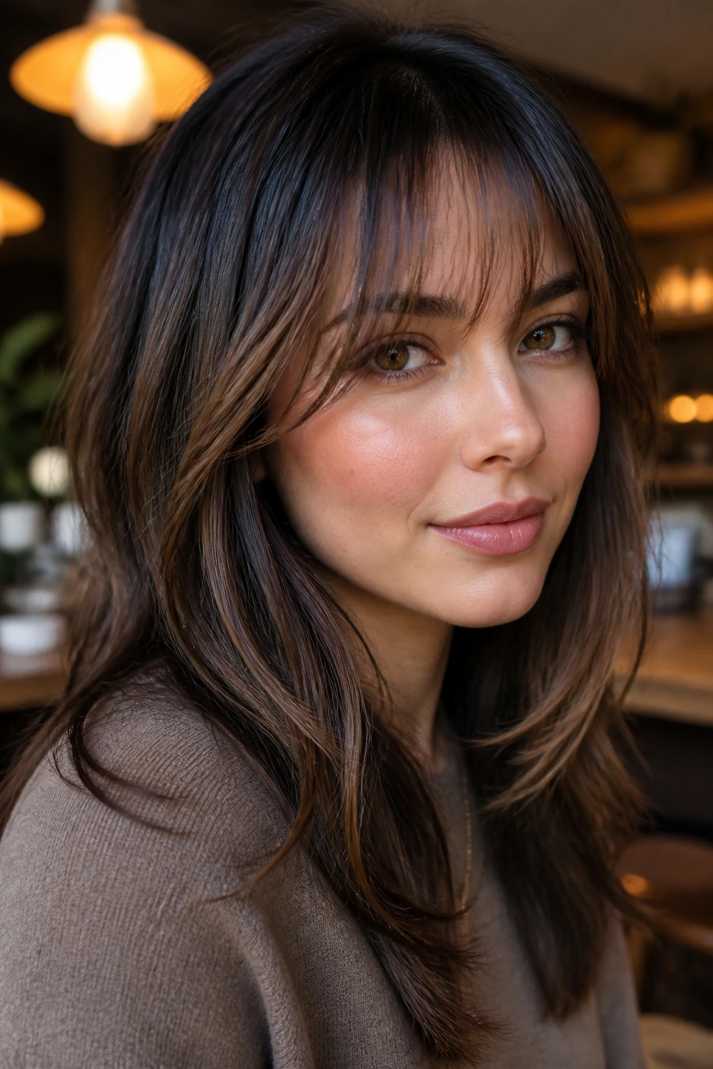 Close-up of a real woman with feathered brown fringes and lighter fringe pieces