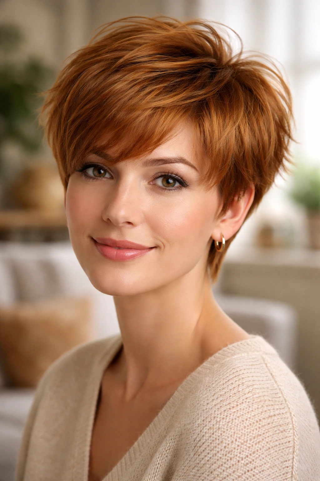 Close-up of a real woman with feathered ginger pixie adding volume, in a softly lit living room.