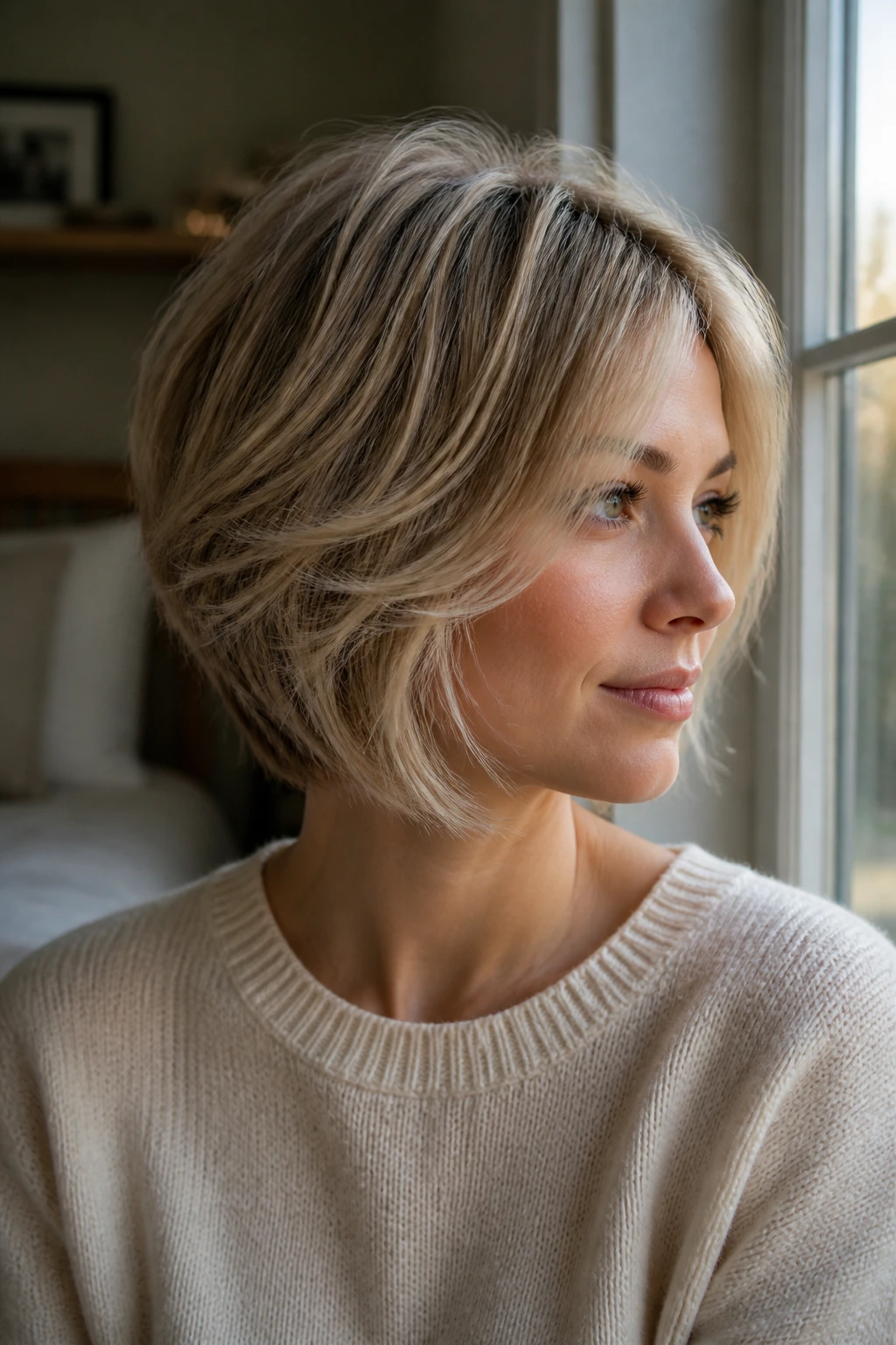 Real woman with feathered graduated bob and airy ends in a cozy room