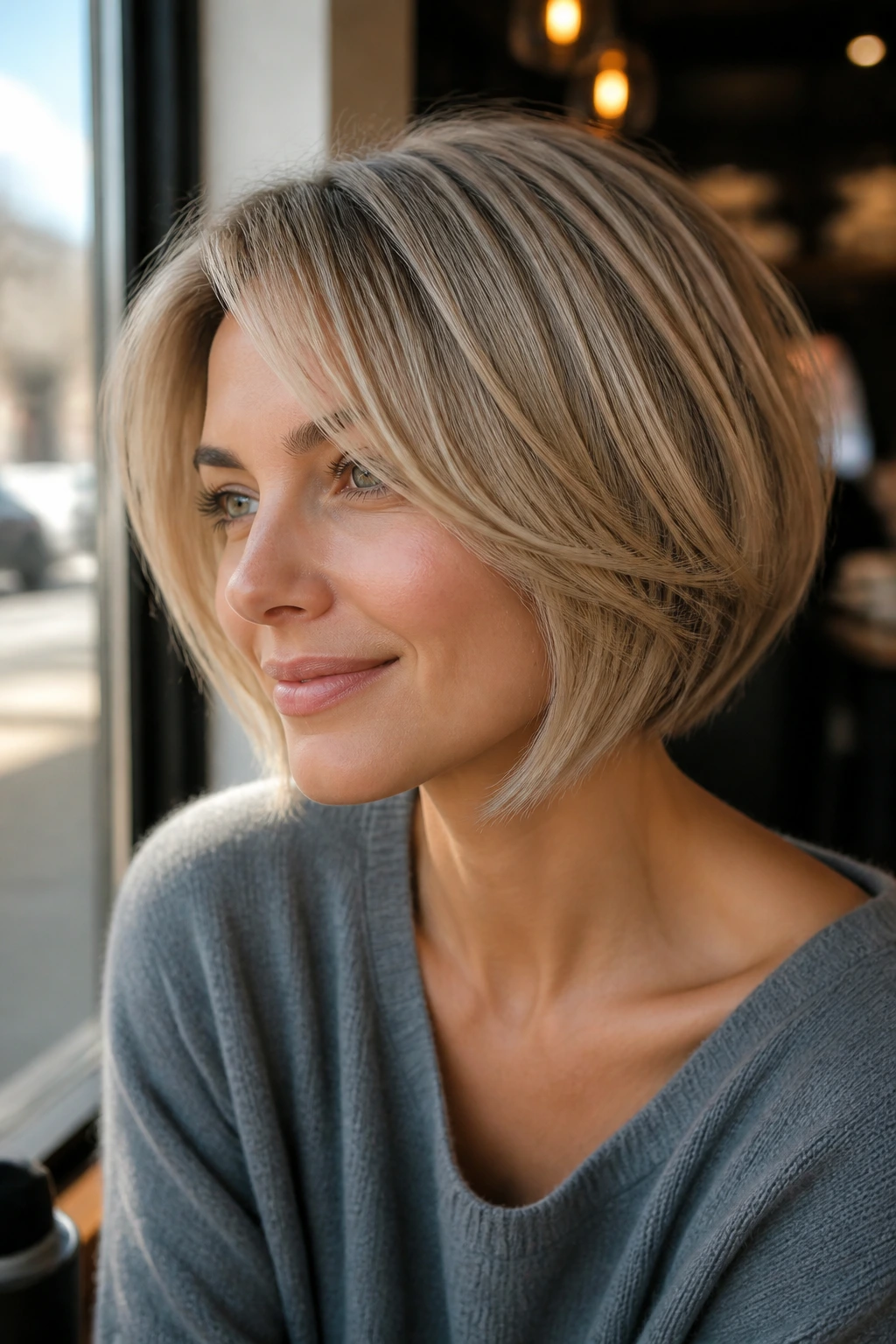 Close-up portrait of a real woman with a feathered graduated bob in bright cafe light
