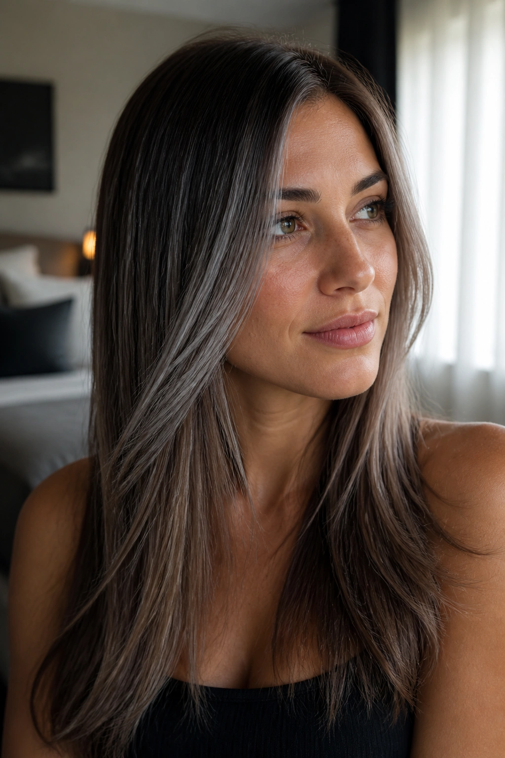 Straight brown hair with a feathered gray veil in soft window light