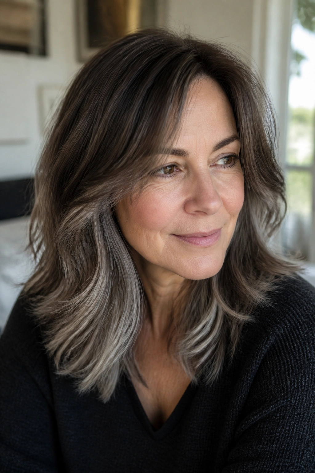 Close-up portrait of a real woman with feathered grey balayage blending into brown hair in natural light