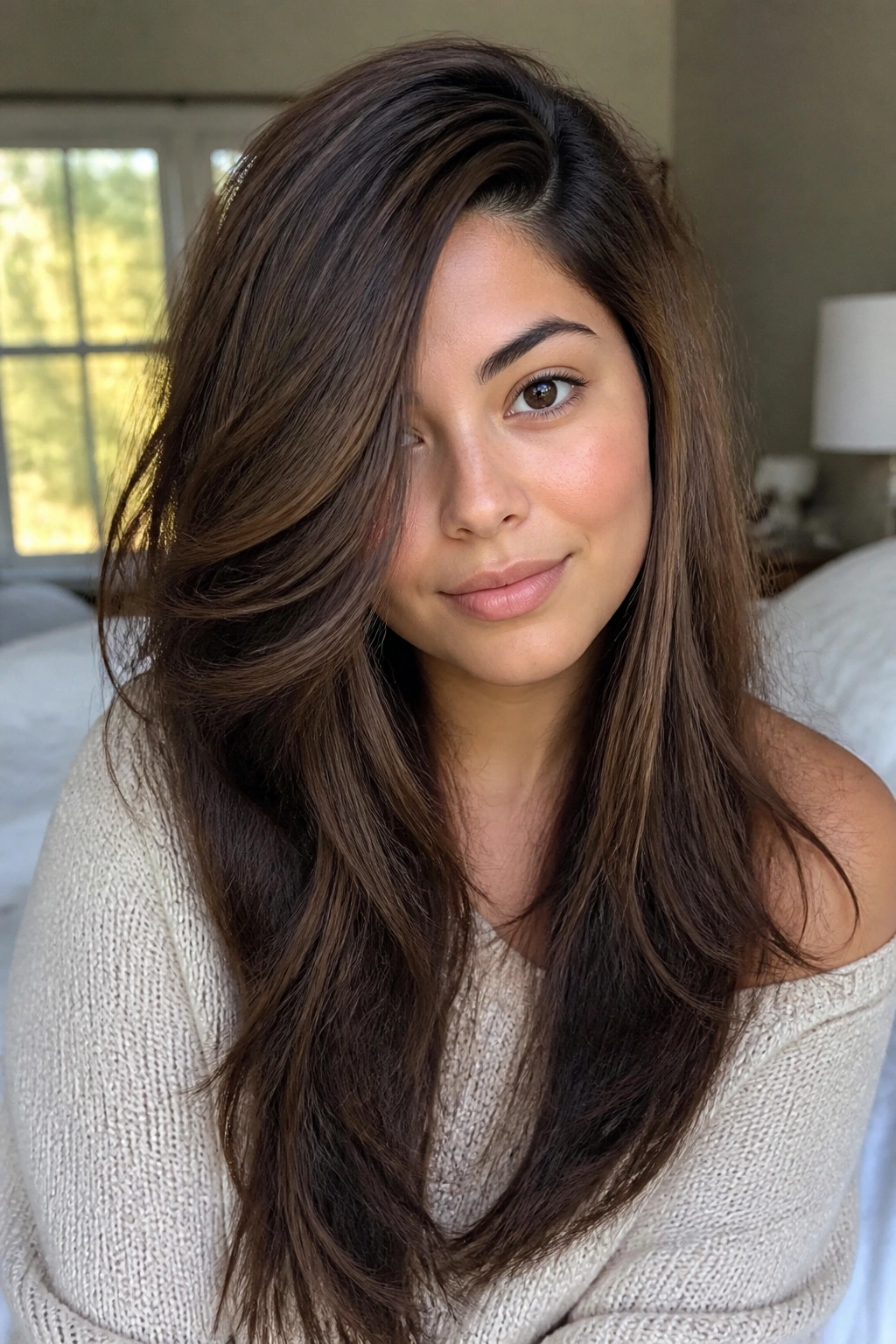 Close-up of a real woman with long feathered hair and a deep side part in a cozy bedroom