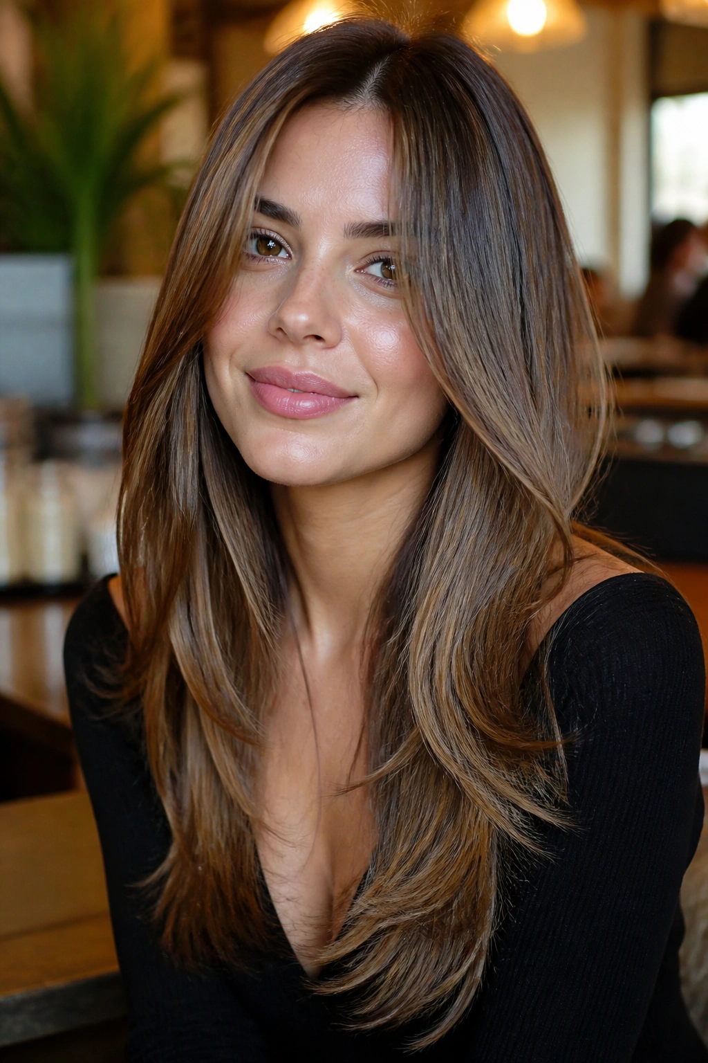 Close-up of a real woman with feathered straight layers creating light movement