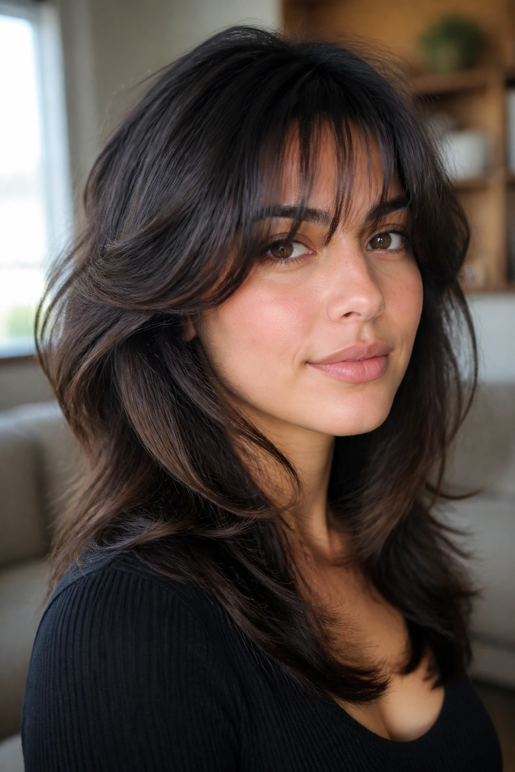 Close-up portrait of a real woman with feathered layers and wispy bangs in warm window light