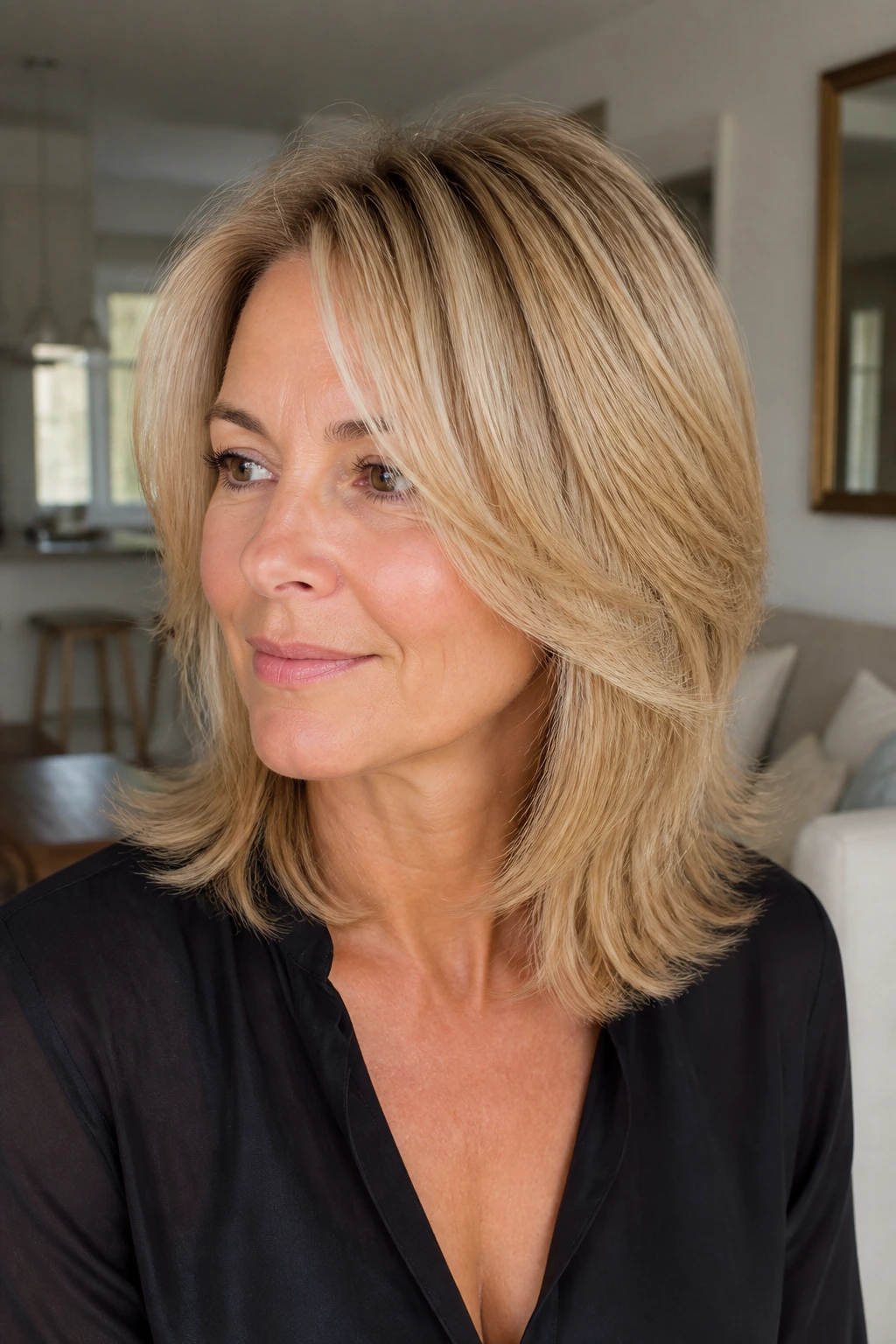 Close-up of a real person with a feathered shoulder-length cut