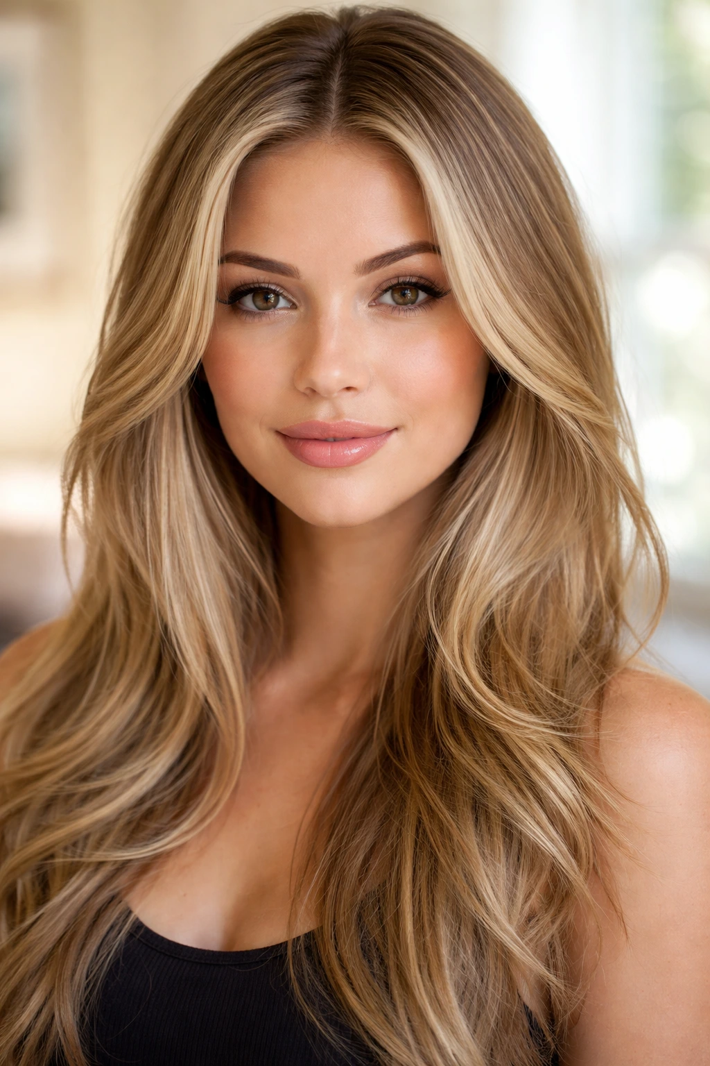 Close-up of a real woman with feathered hairline babylights forming a halo around the face.