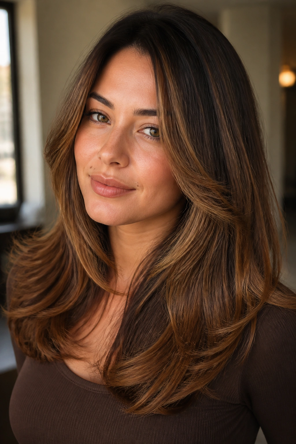 Close-up of feathered hazelnut ends on a layered hairstyle in natural light
