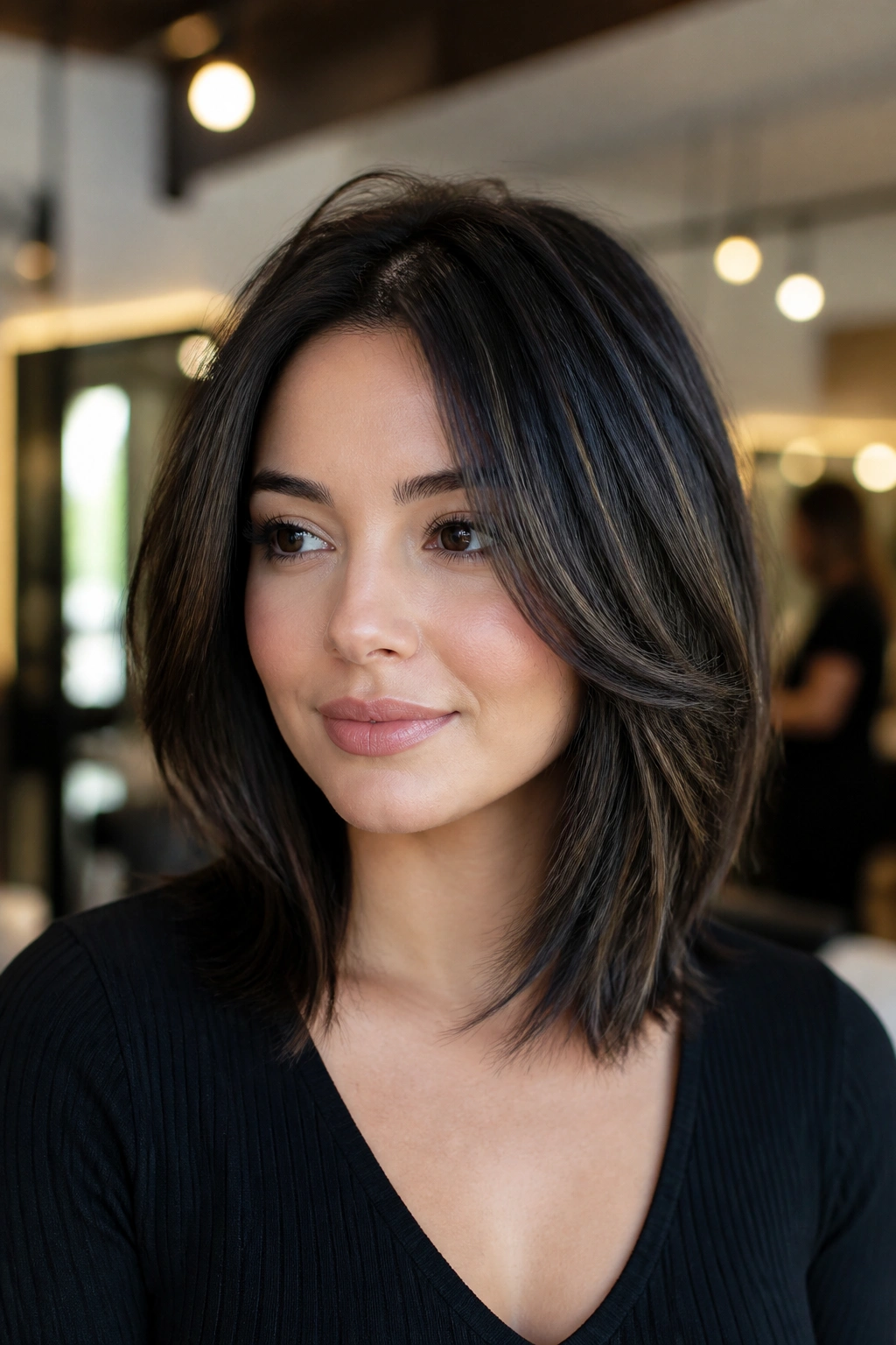 Medium close-up of a real woman with layered lob and feathered black highlights