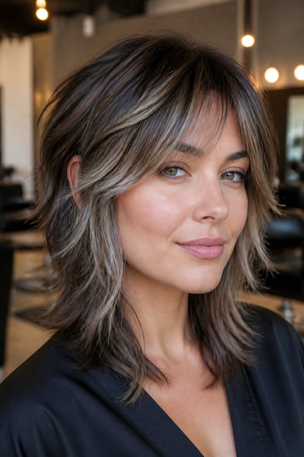 Close-up portrait of a real woman with feathered highlights on layered shag hair, soft cool brown-grey tones
