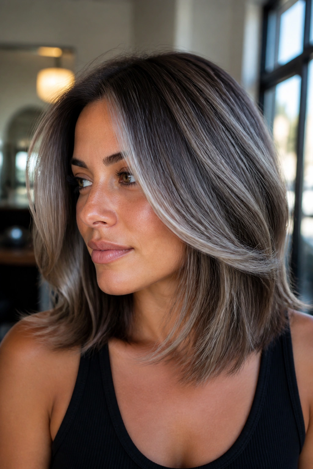 Close-up of layered lob with feathered silver highlights on a real person.
