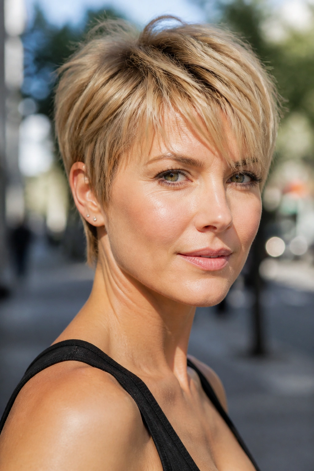 Portrait of a real woman with feathered honey blonde pixie cut outdoors.