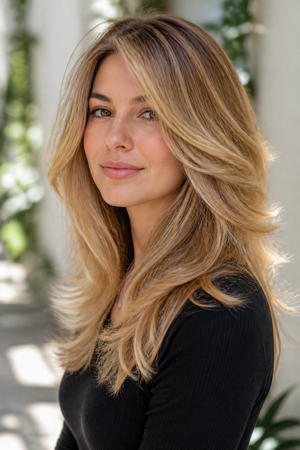 Three-quarter portrait of a woman with a feathered honey blowout