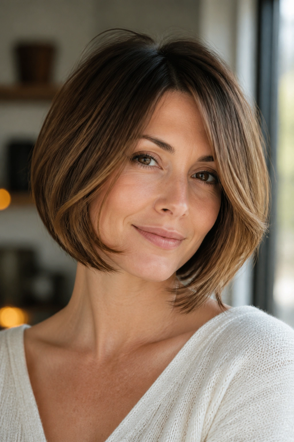 Close-up of a real woman with feathered inverted bob and soft ends