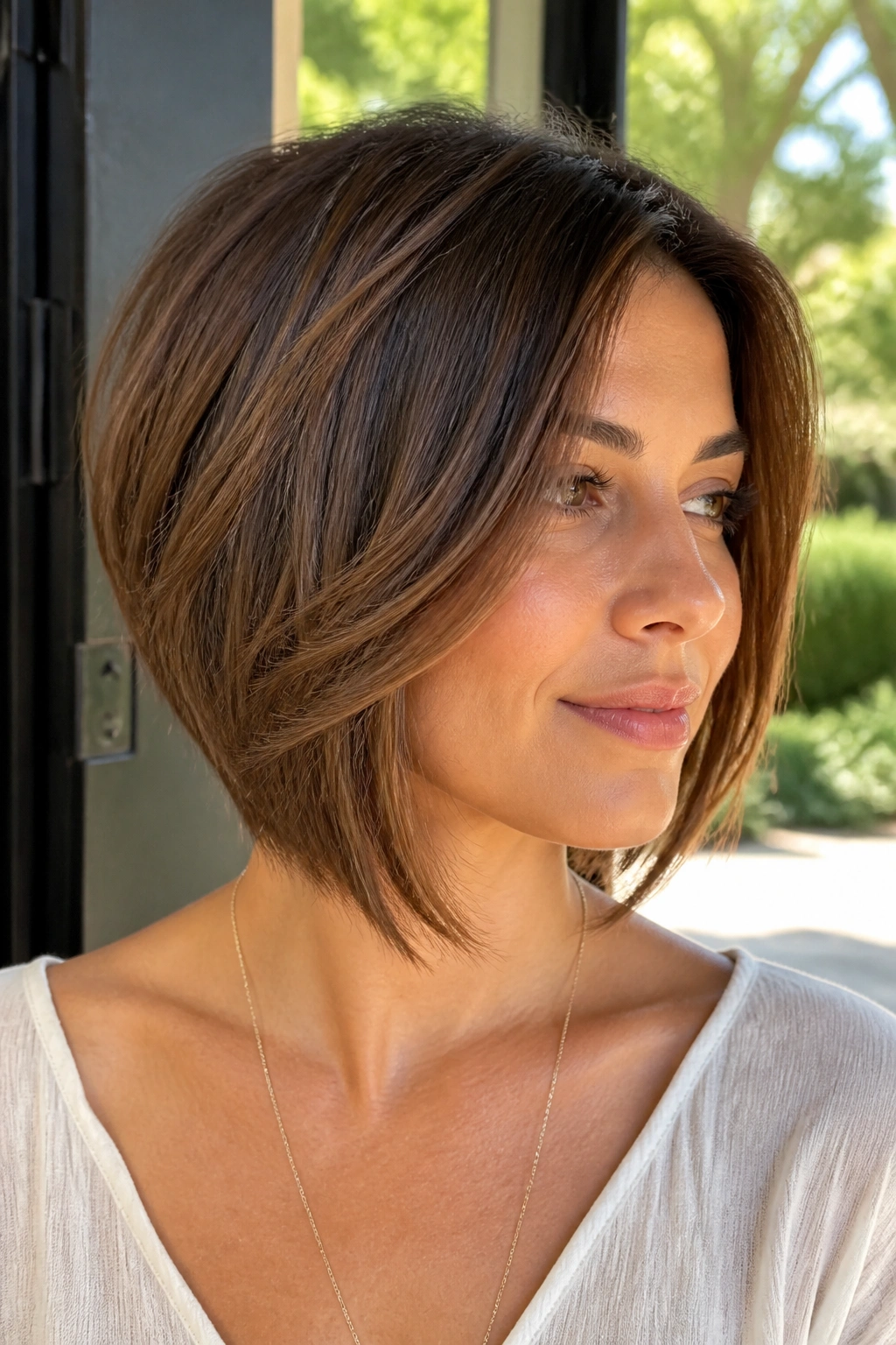 Close-up portrait of a woman with a feathered inverted bob showing movement.