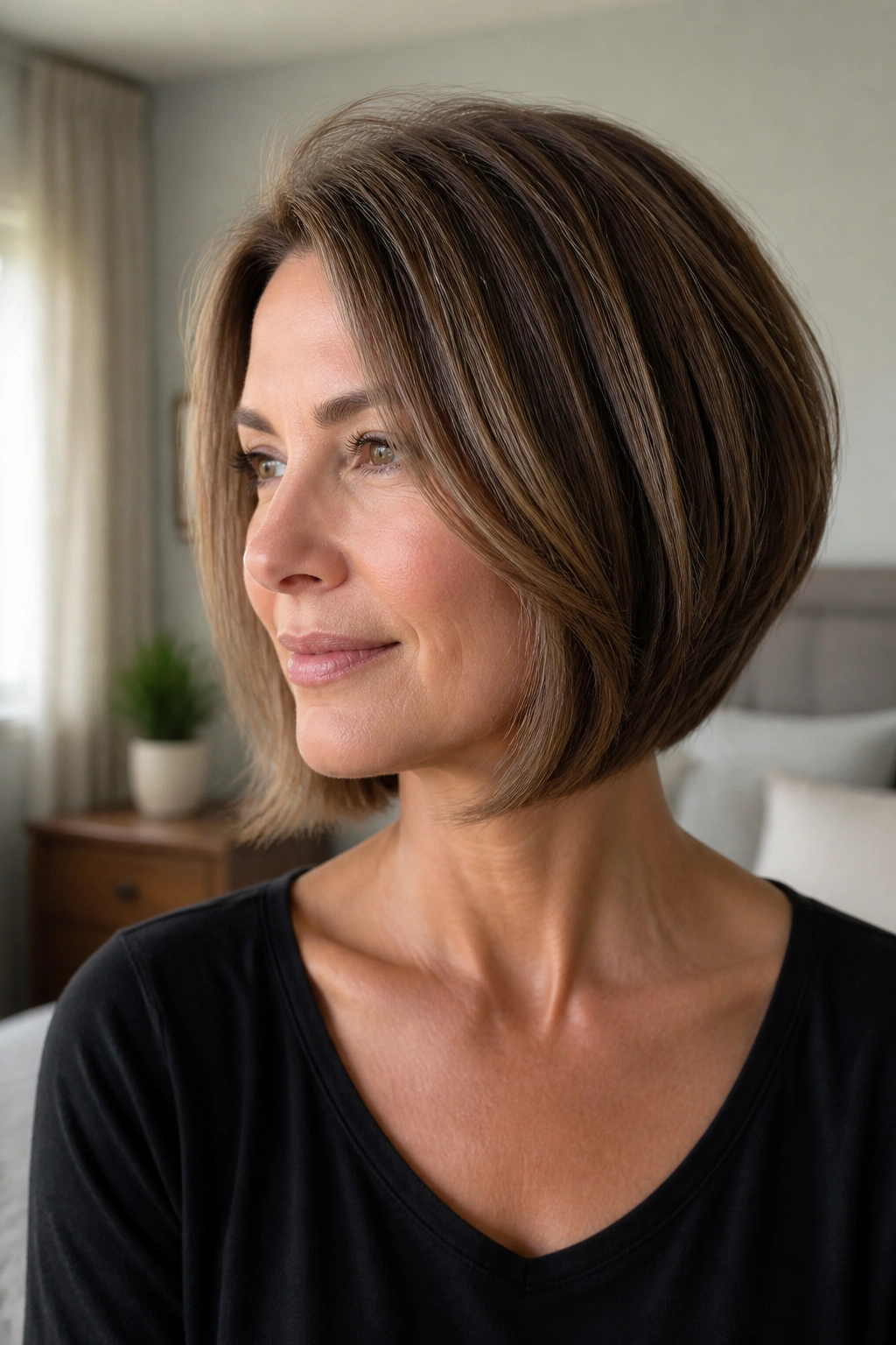Close-up of a real person with feathered perimeter inverted bob, ends tucked under in warm window light