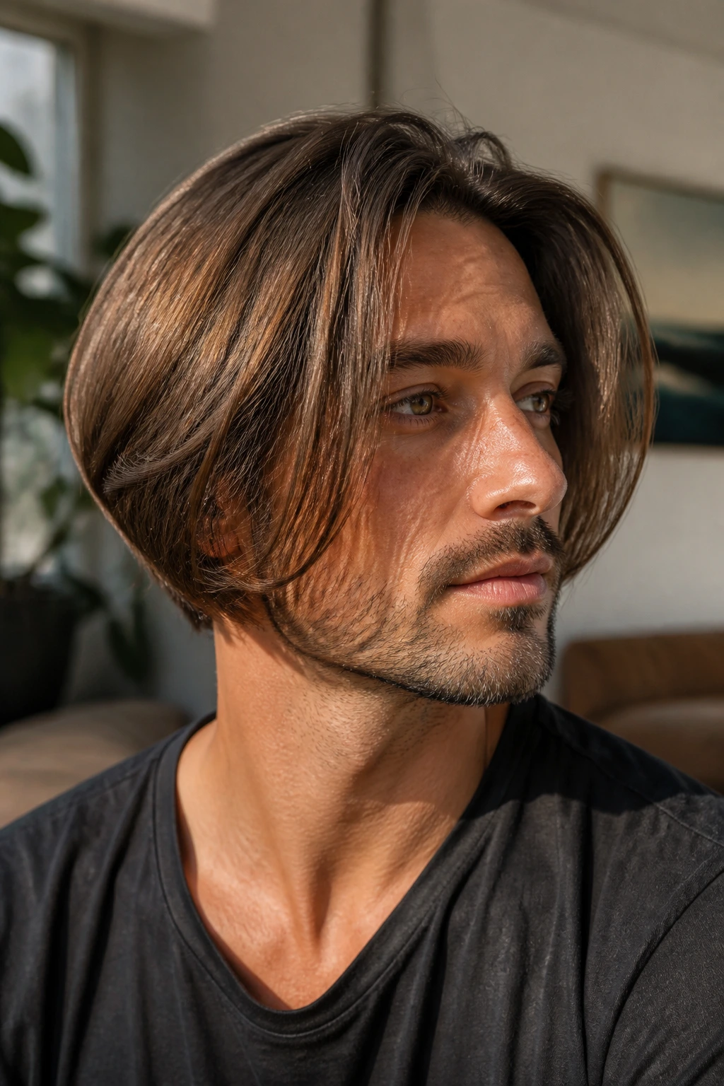 Close-up portrait of a man with a feathered inverted bob and soft ends framing the jaw.