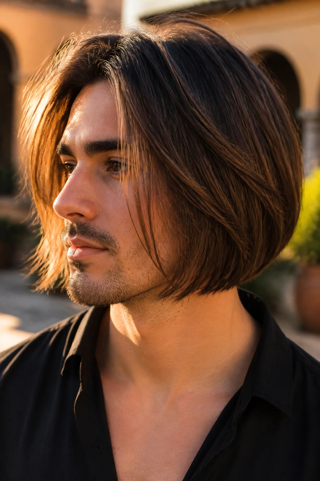 Real man with feathered inverted bob showing light, soft edges.