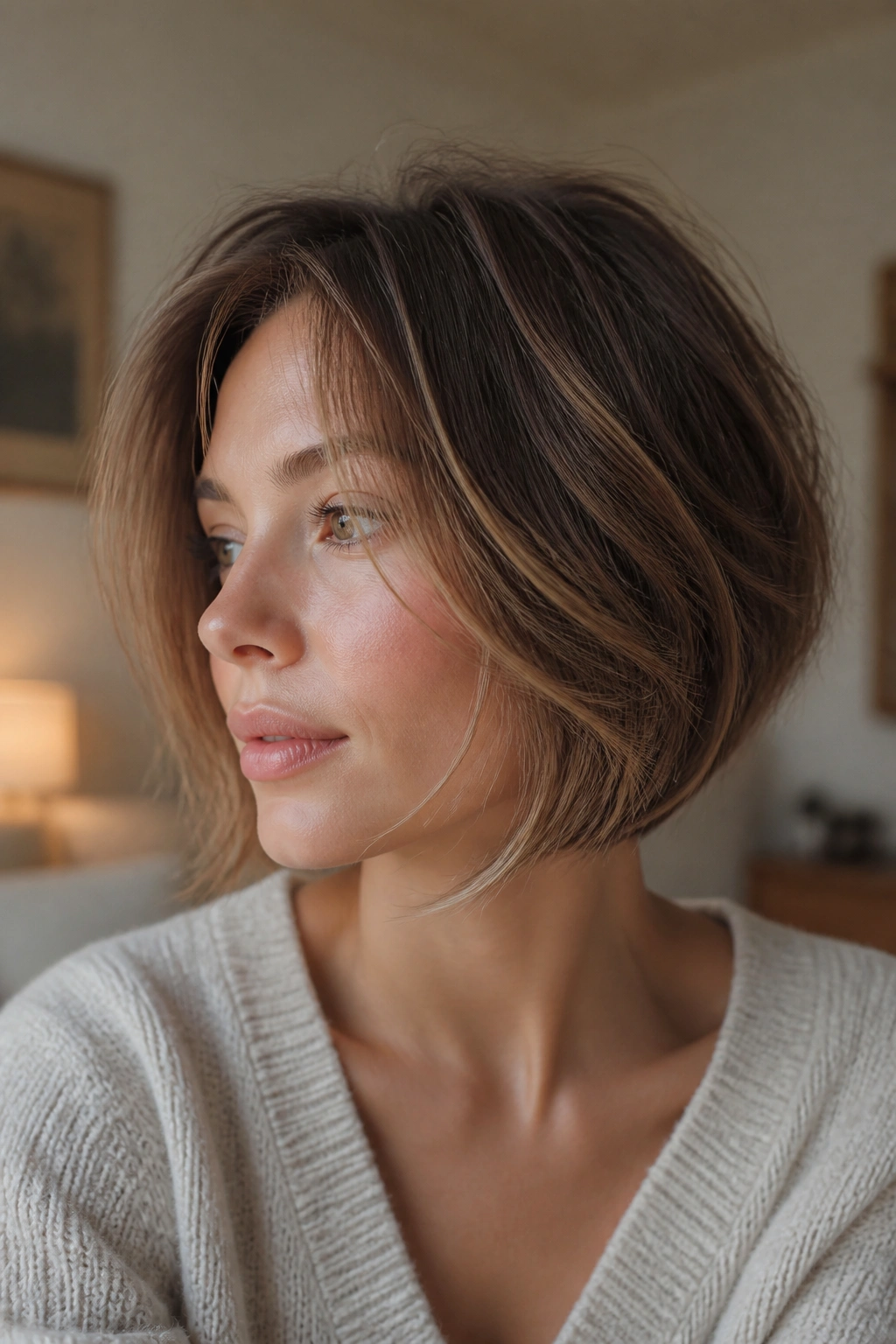 Close-up portrait of a real woman with feathered inverted bob and wispy ends.