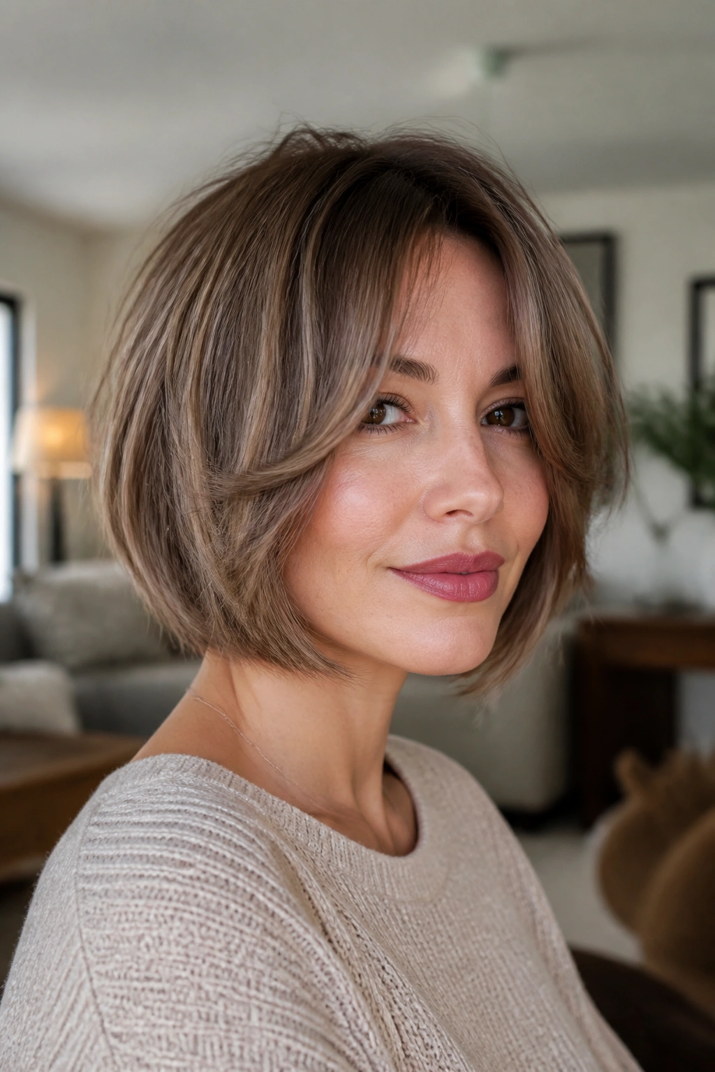 Close-up of a real woman with a feathered inverted bob and curtain bangs, soft movement around the face.