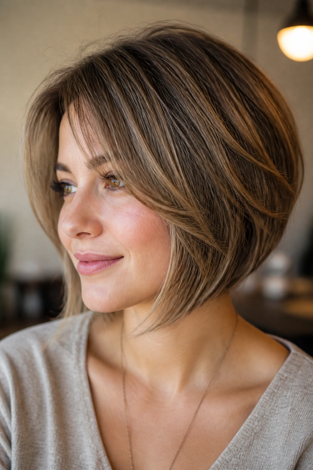 Close-up portrait of a real woman with a jaw-skimming feathered inverted cut