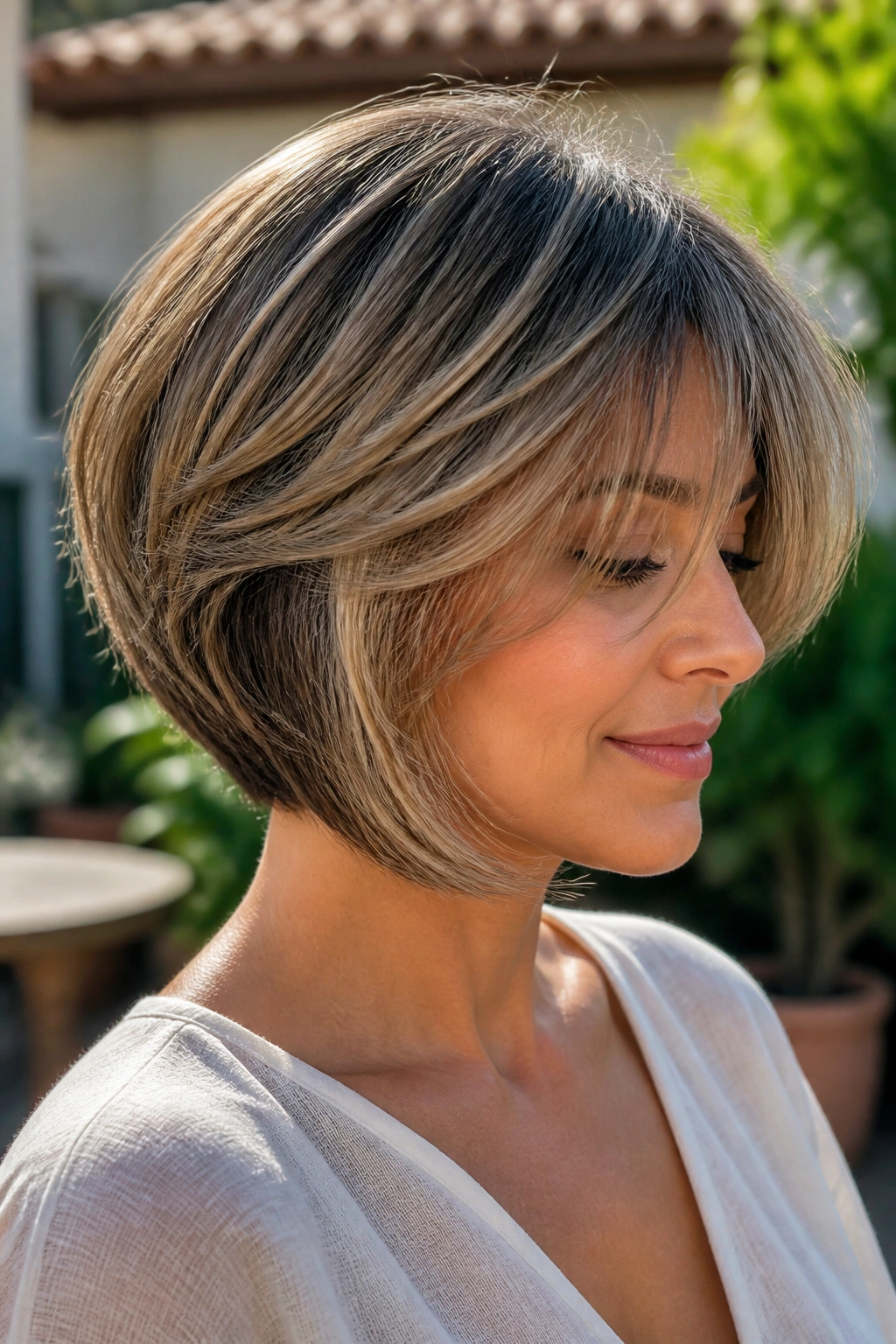 Close-up of a real woman with feathered inverted layered bob outdoors in soft light