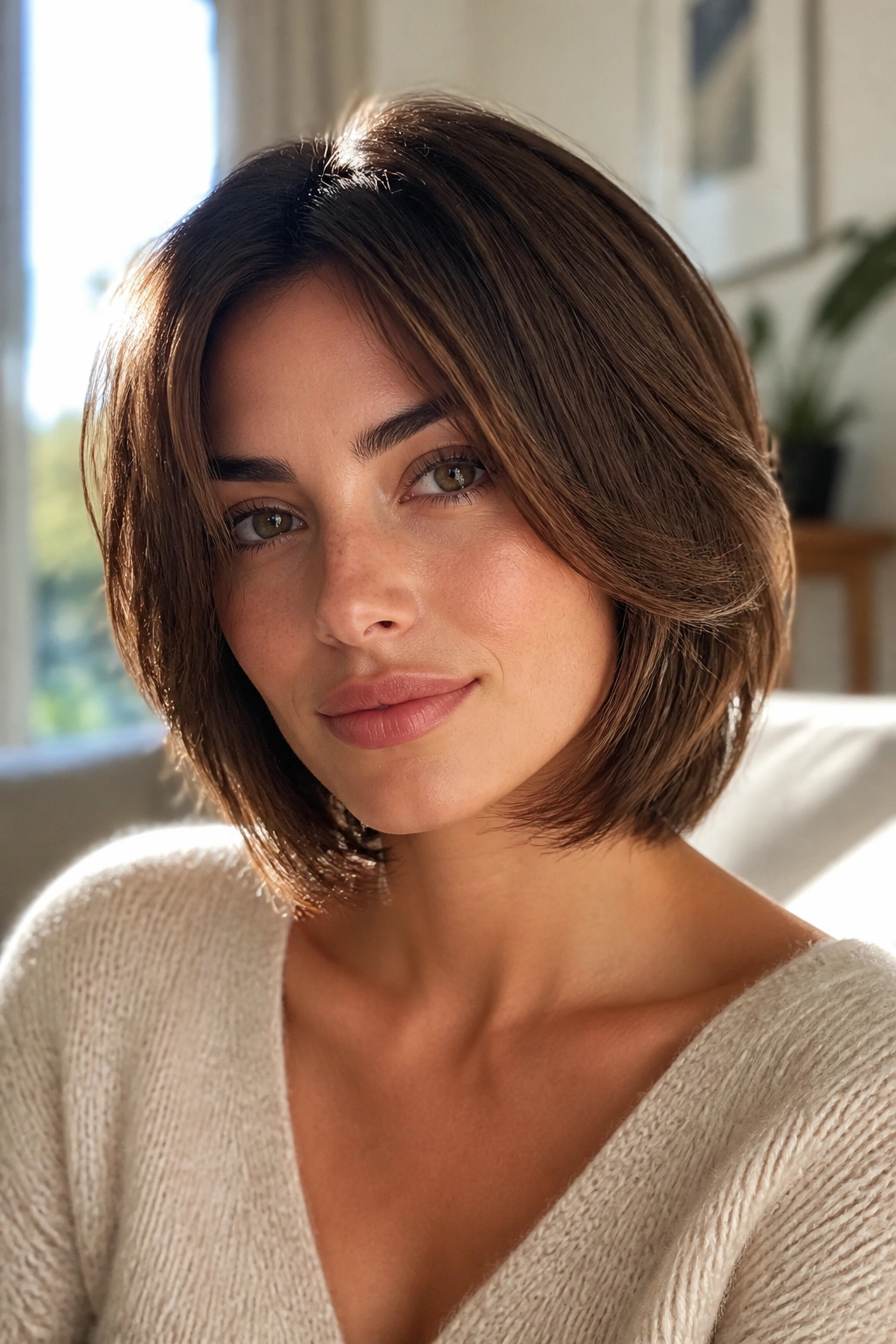 Close-up of woman with feathered layers around the jaw in a cozy living room