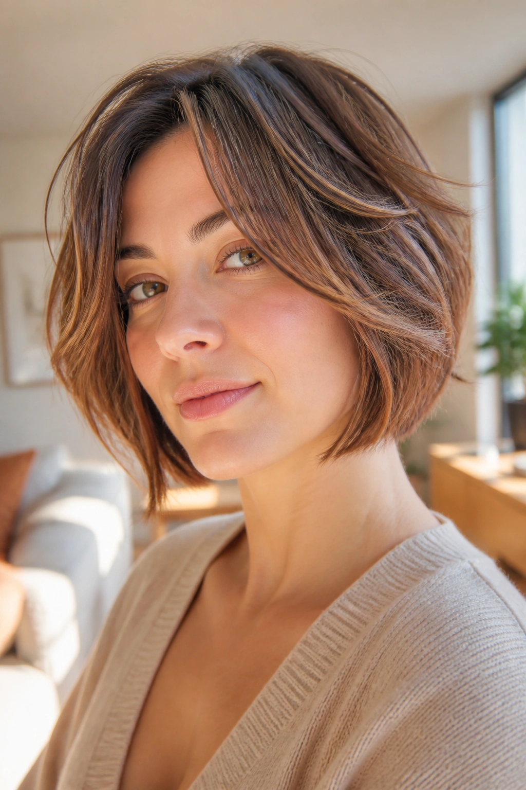 Close-up of a real woman with a feathered jawline bob and airy ends in sunlit room