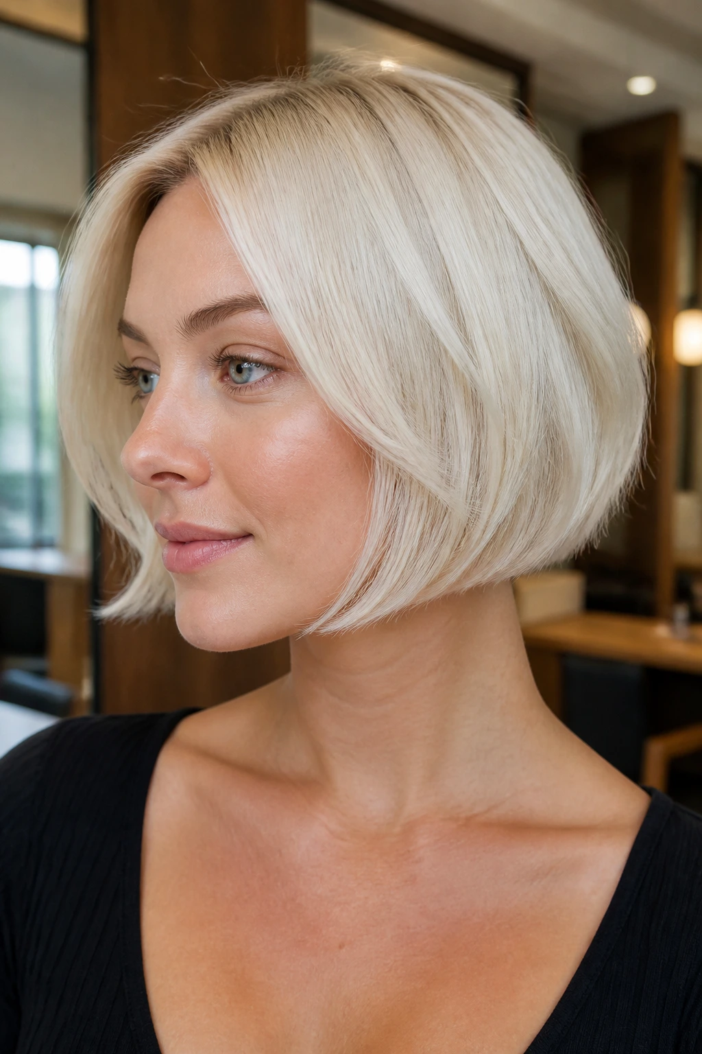 Close-up portrait of a real woman with a platinum feathered jawline bob
