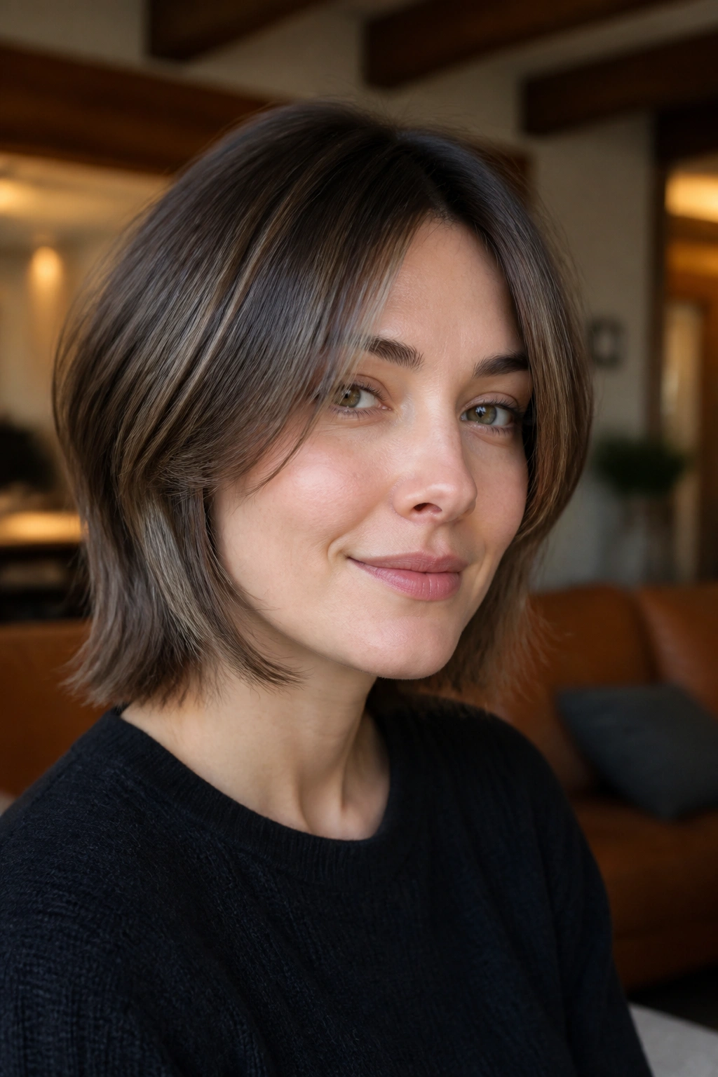 Portrait of feathered jawline layers on straight fine hair