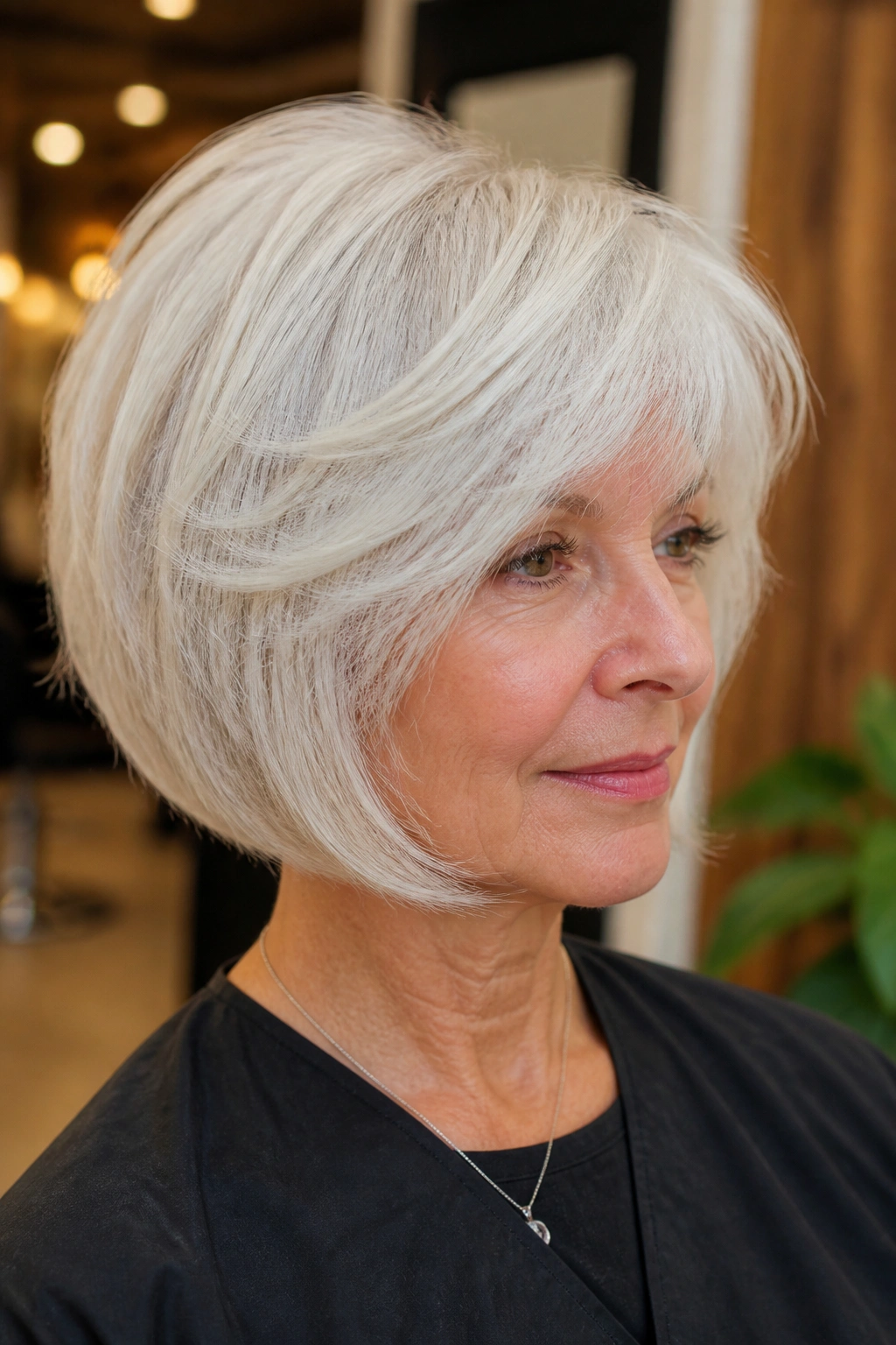 Real person with feathered layered white bob showing soft lift