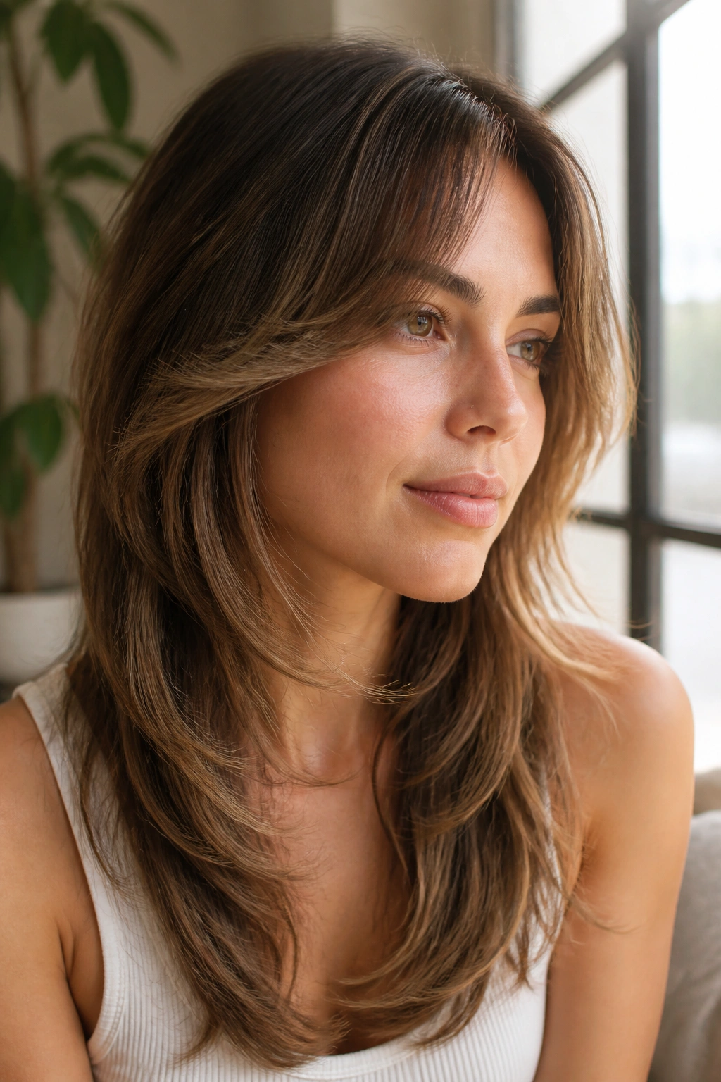 Close-up portrait of a real woman with feathered layers and airy ends framing the cheeks