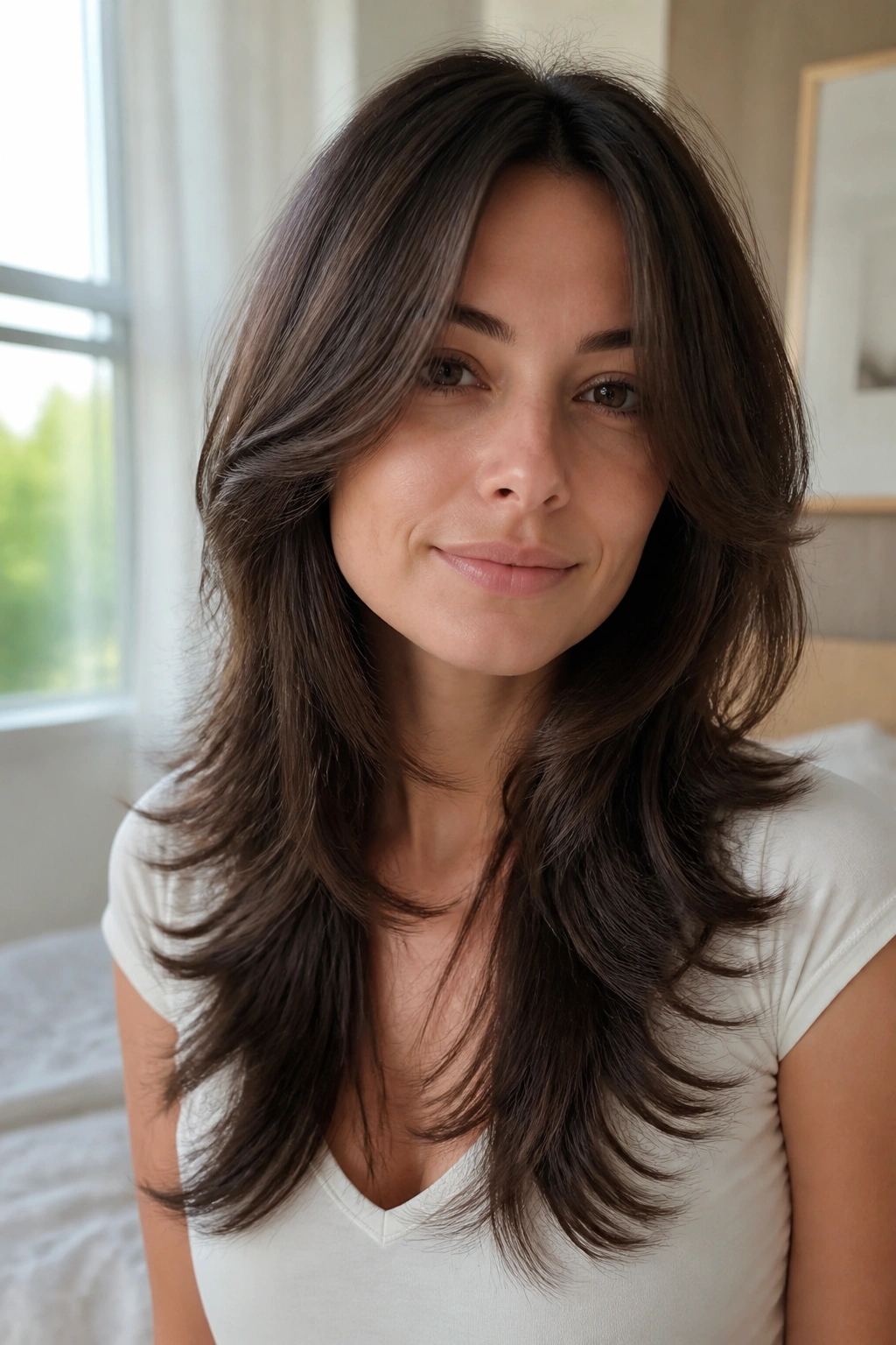 Close-up portrait of a real woman with feathered layers starting below the chin
