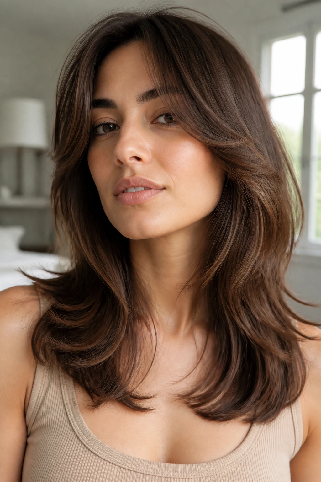 Real woman with feathered collarbone layers in warm brown hair