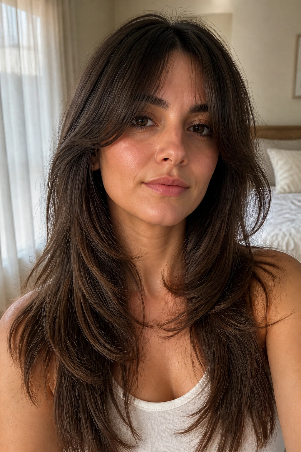 Close-up portrait of a real woman with long feathered layers and curtain bangs in warm window light