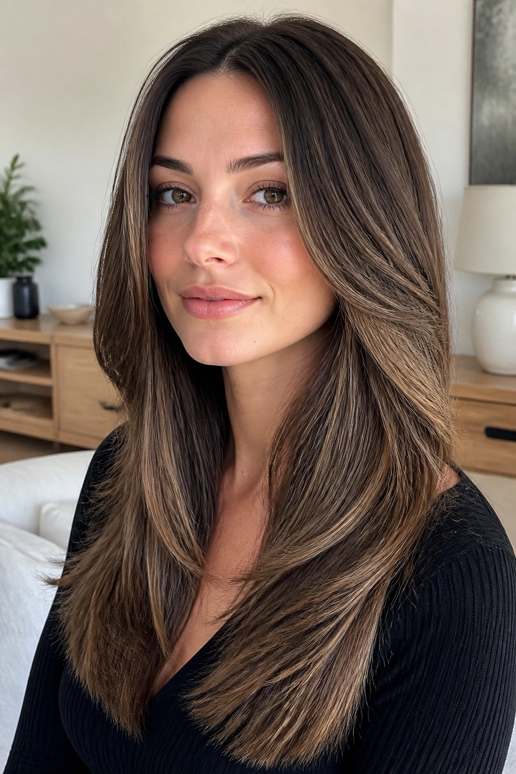 Real woman with feathered layers creating soft movement away from face