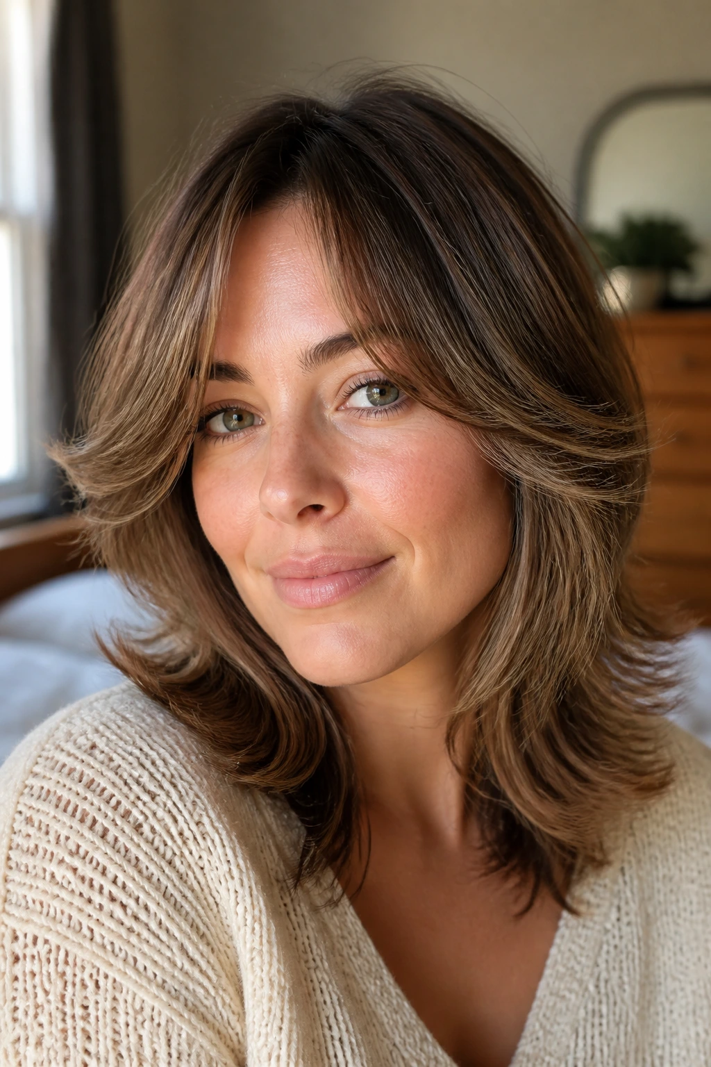 Close-up of a real woman with feathered layers at cheekbone level.