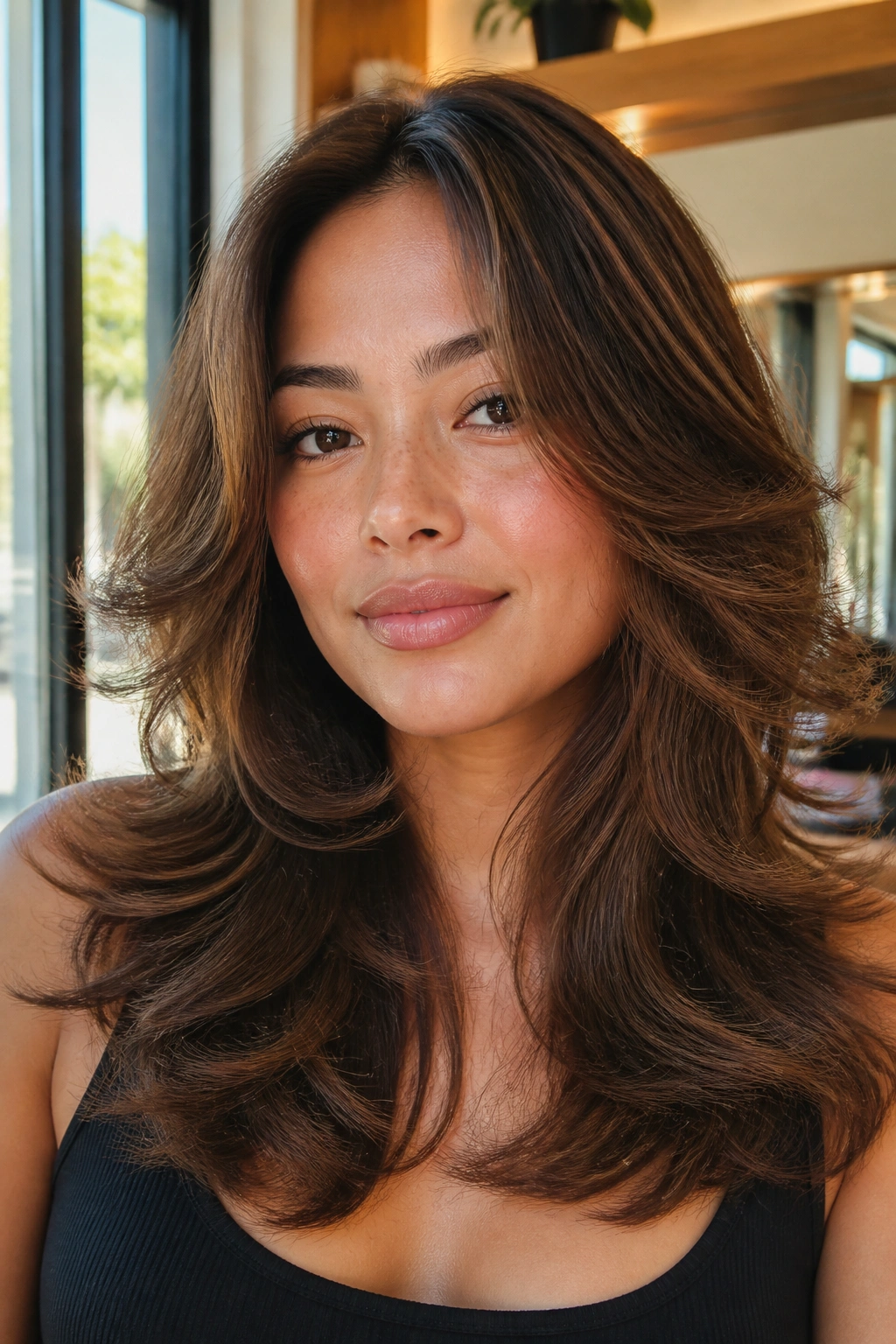Portrait of a real person with feathered layers and soft blowout in warm window light.