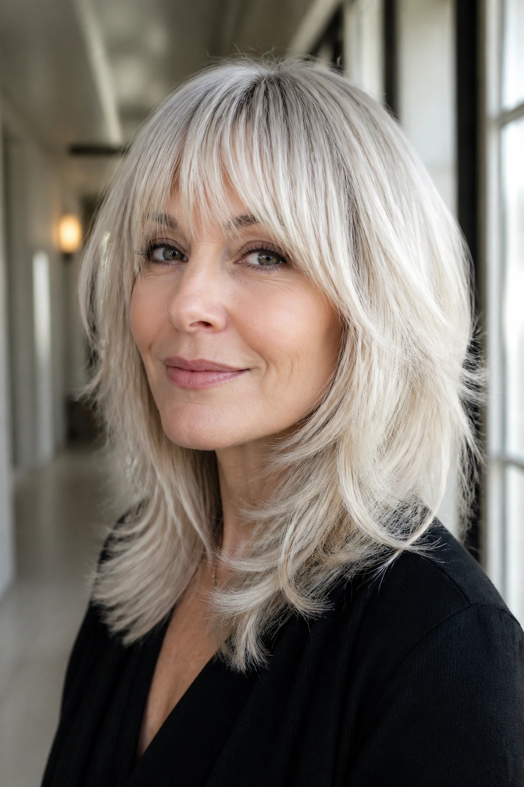 Close-up of a real woman with feathered layers and light platinum fringe in bright daylight