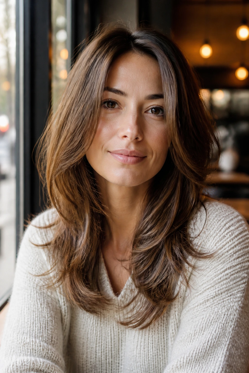 Close-up portrait of a real woman with feathered layers below shoulders