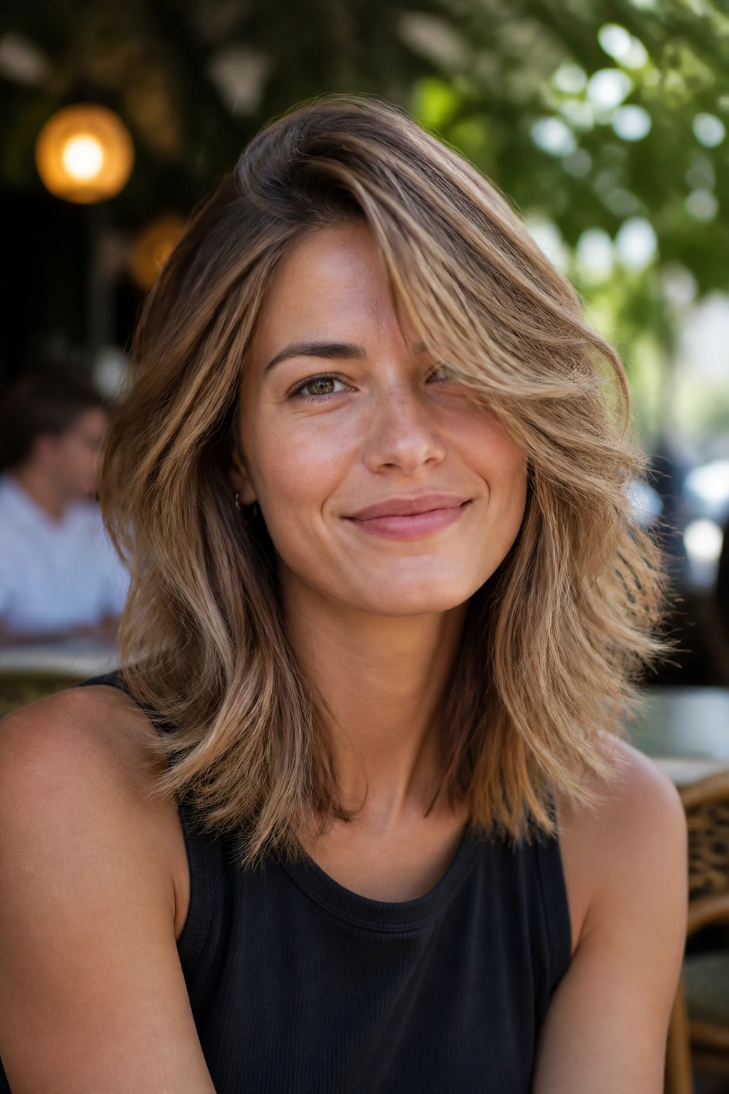 Close-up portrait of a real person with feathered layers and side part hairstyle