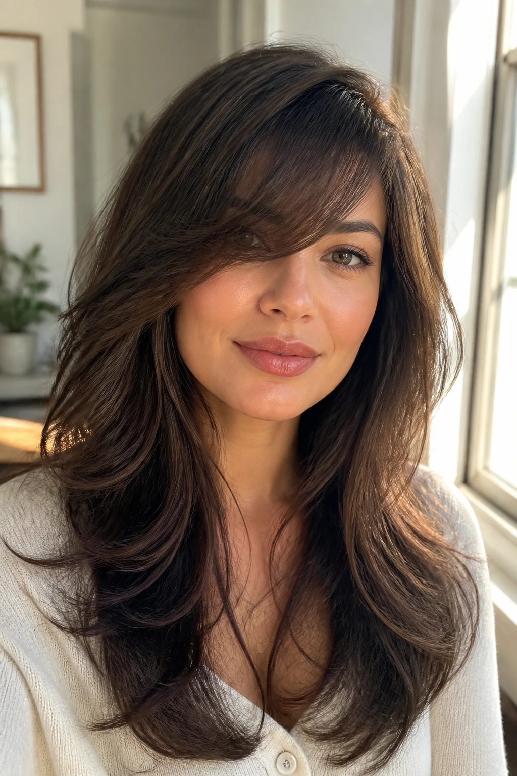 Close-up of a real woman with feathered long layers and a sweeping bang